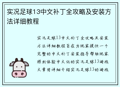 实况足球13中文补丁全攻略及安装方法详细教程