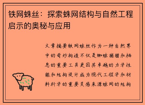 铁网蛛丝：探索蛛网结构与自然工程启示的奥秘与应用
