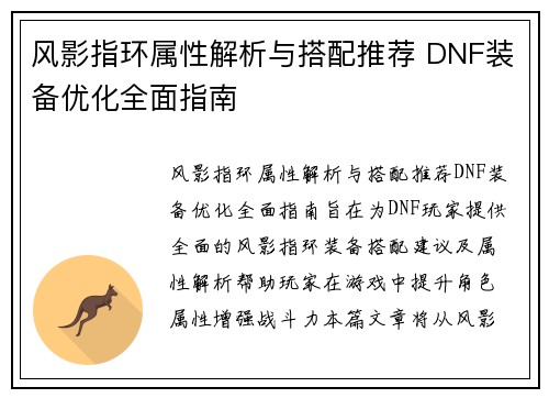 风影指环属性解析与搭配推荐 DNF装备优化全面指南